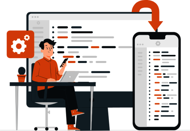 crm_synchronisation Ein Mann sitzt an Schreibtisch mit einem Mobiltelefon. Im Hintergrund ist ein großer Desktop-Bildschirm. Daneben ein weiteres großes Mobiltelefon. Ein Pfeil vom Desktop-Bildschirm zum handy symbolisiert einen Datentransfer.