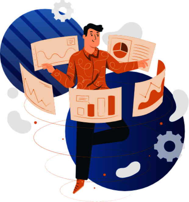 crm_individuell Ein Mann umgeben von Bildschirminhalten, die schweben in einem Kreis um ihn herum positioniert sind. Er schaut sich die verschiedenen Inhalte an